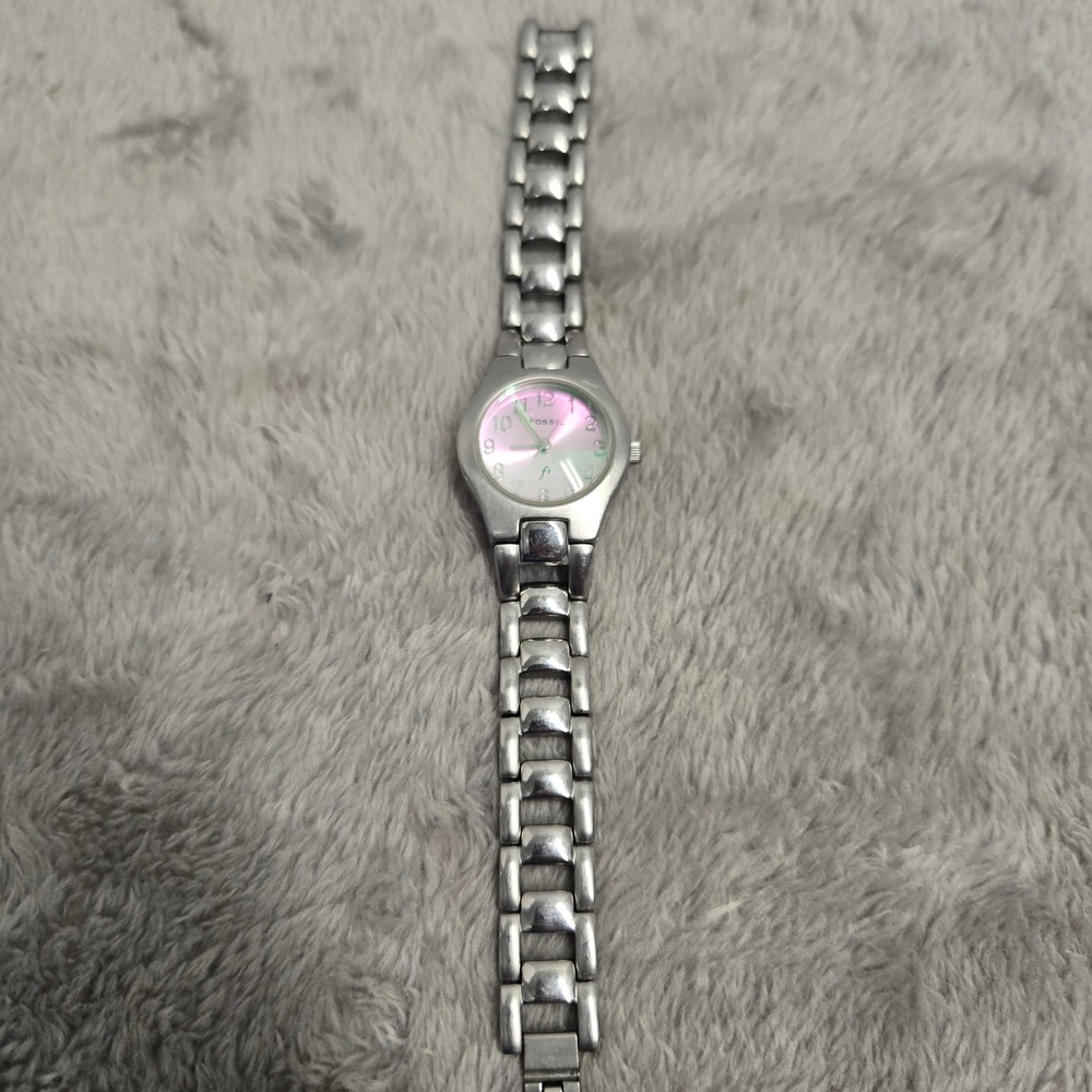 Fossil F2 ES-9201 Womens Watch Silver Stainless Steel Pink Iridescent Dial Works